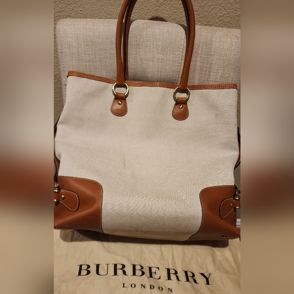 Burberry Canvas Tote with leather trim - Cream w/ brown leather trim - Picture 13 of 14